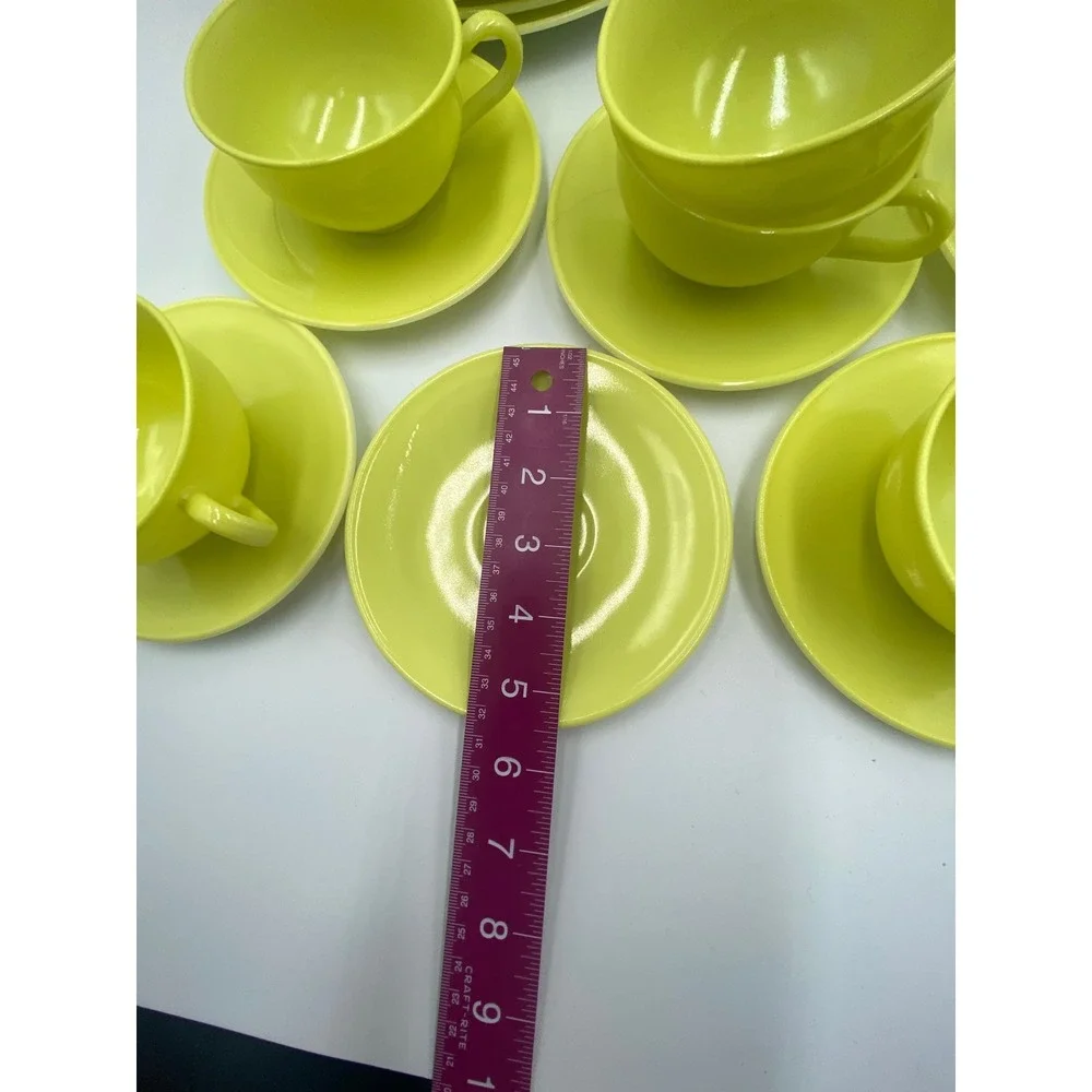 Hazel Atlas Ovide Platonite Neon Yellow Tea Cup + Saucer Set w‎ Plates Set of 6